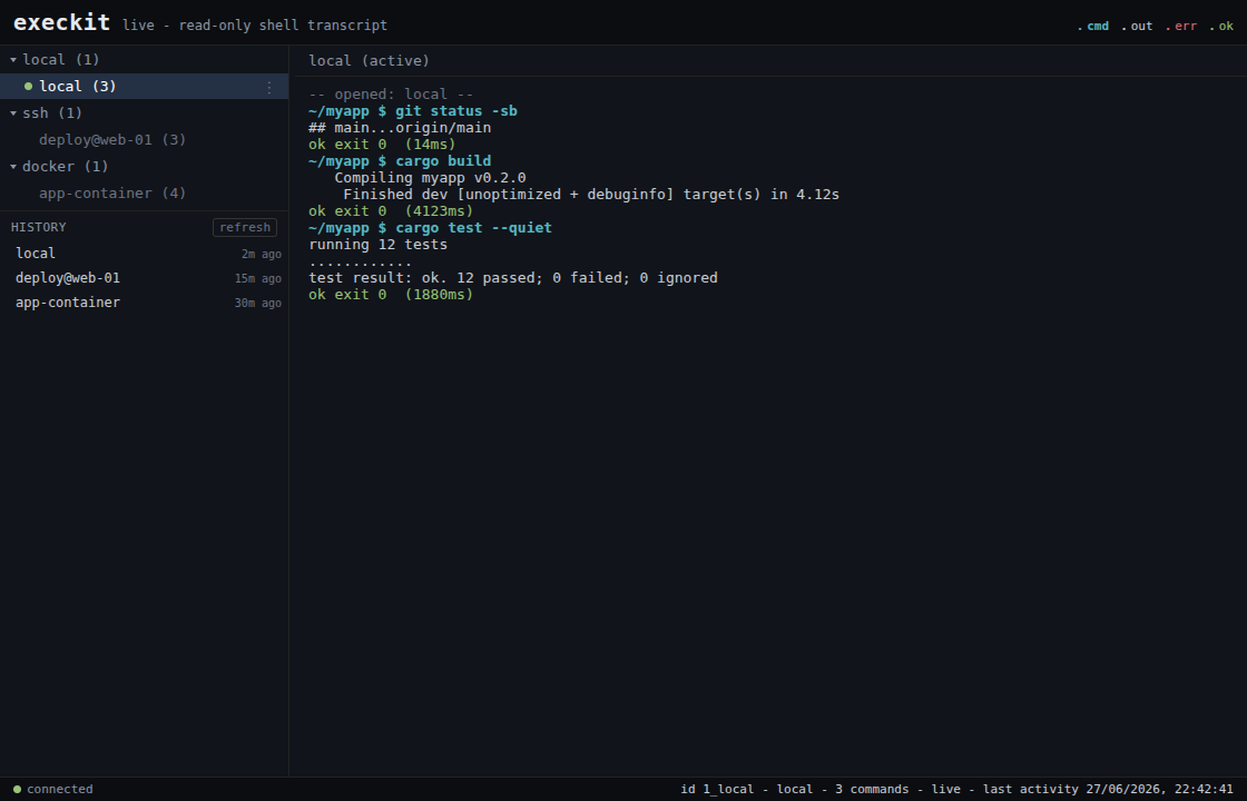 The execkit live viewer: sessions grouped by transport on the left, the selected session's shell transcript with exit codes and timings on the right
