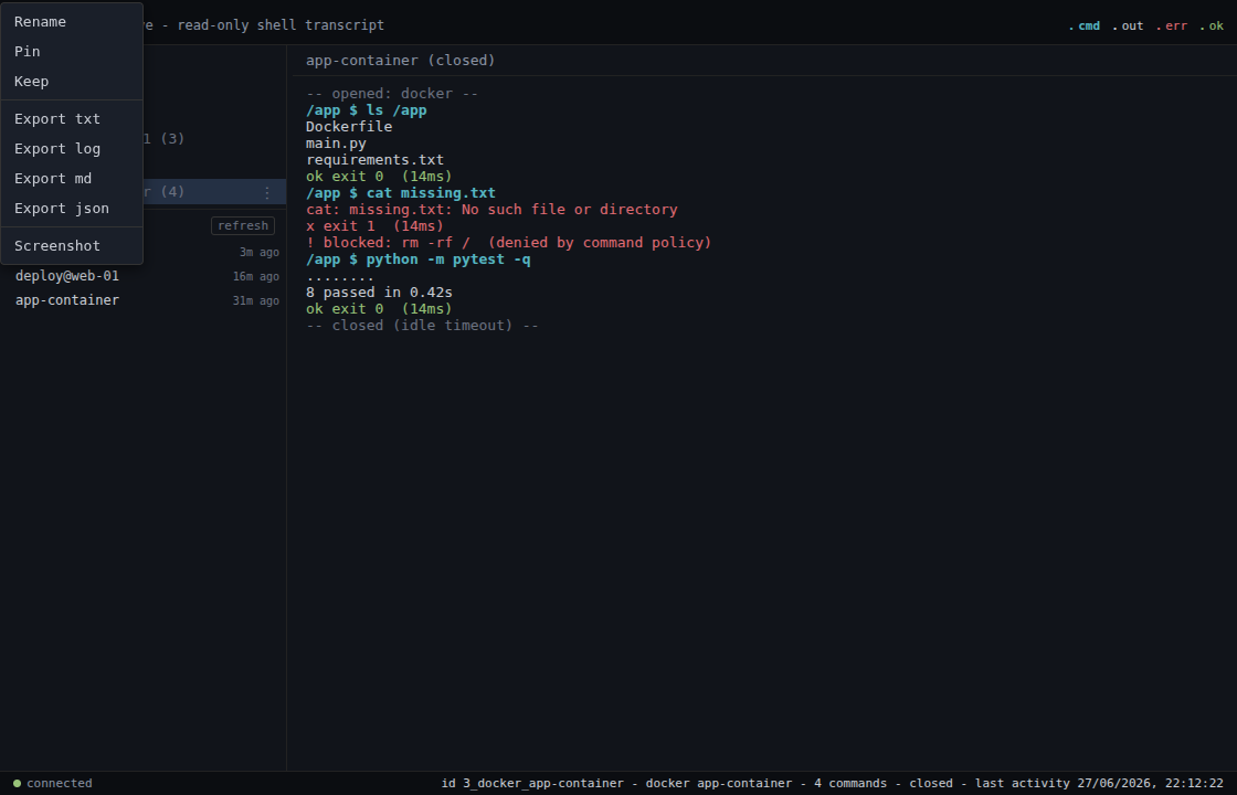Per-session menu with rename, pin, keep, export and screenshot; the transcript shows a failed command and a command blocked by policy