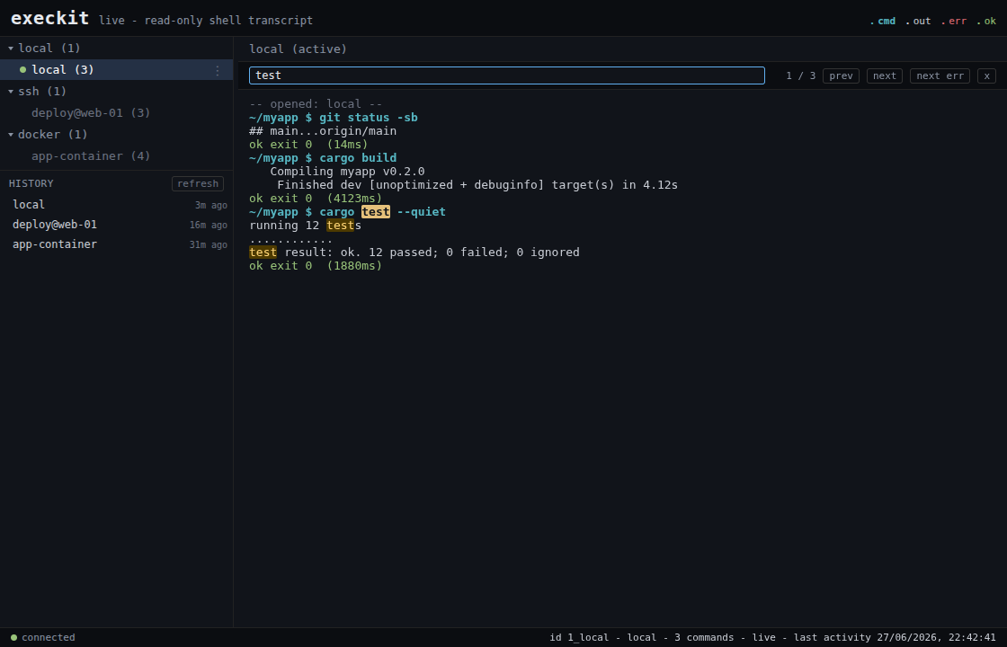 Transcript search with highlighted matches and a next-error button