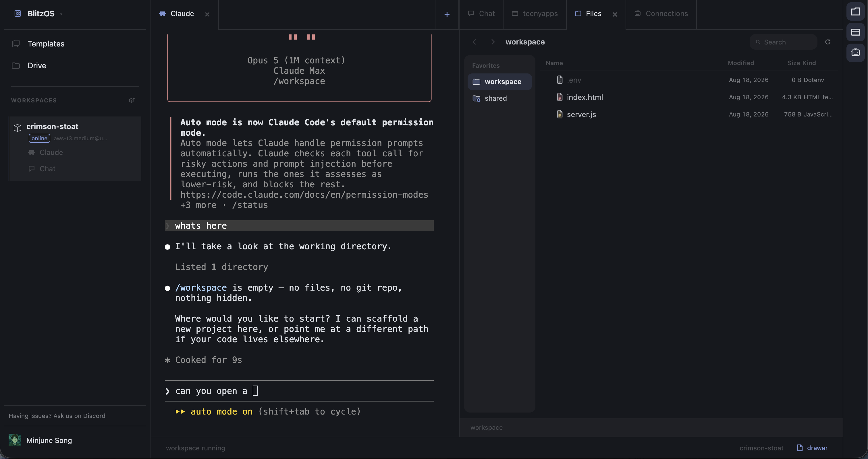 A BlitzOS workspace: agent terminal, chat, files, and connections in the browser