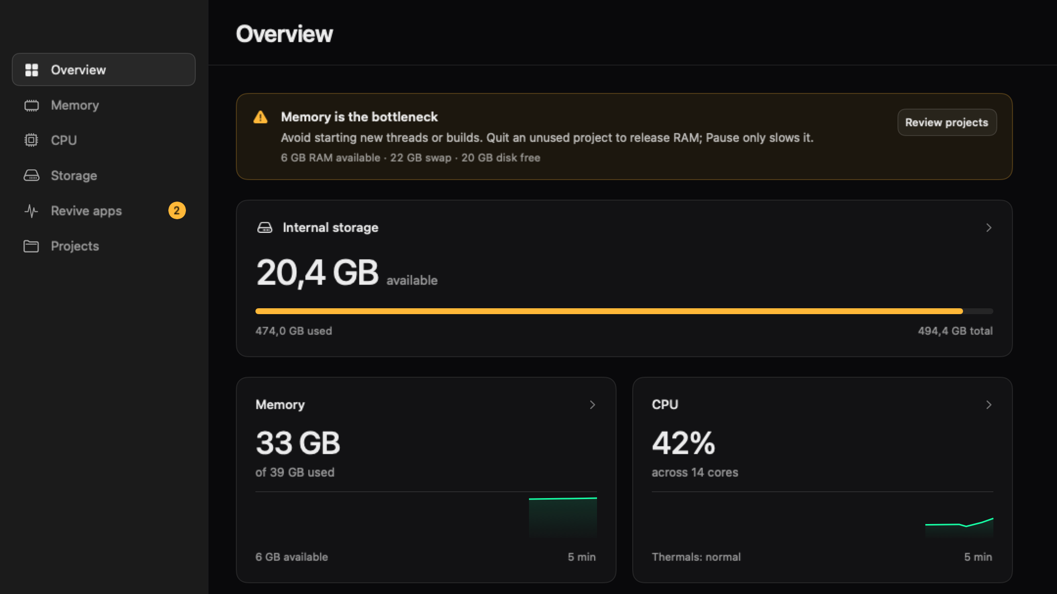 BlitzClean Overview: storage, memory, and CPU with a pressure warning