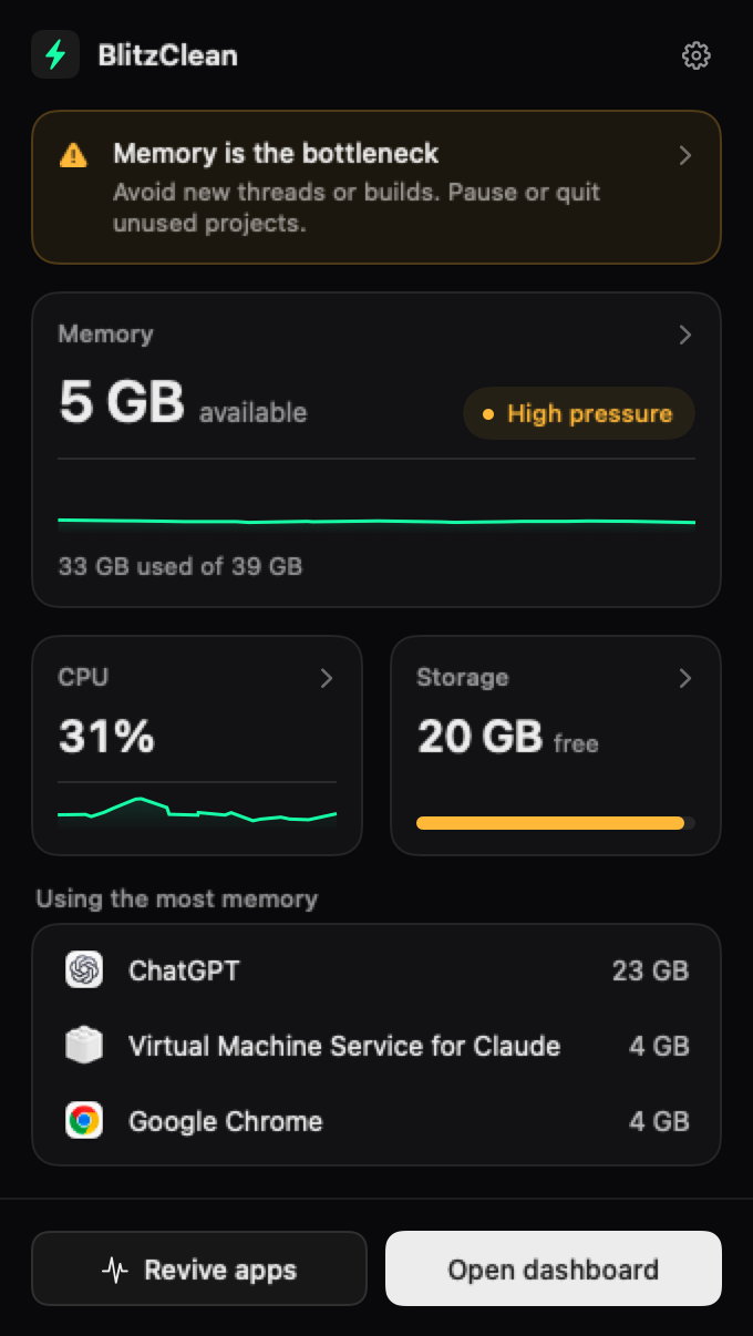BlitzClean menu bar panel