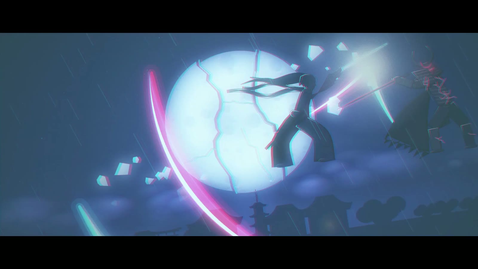 Two figures crossing blades in front of the moon