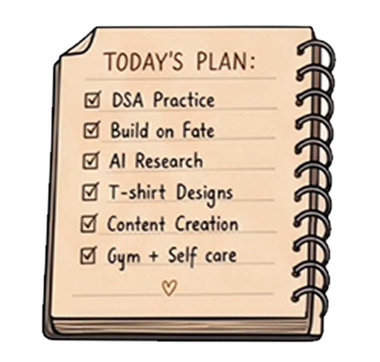 Today's plan: DSA, ship on Fate, AI research, design, content, gym and self-care — the usual sprint. Today's plan