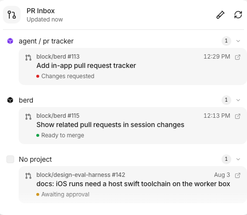 PR Inbox with sidebar-style pull request rows