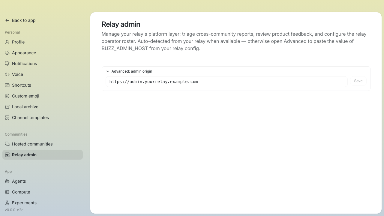 Relay admin panel with Advanced: admin origin disclosure open before probe