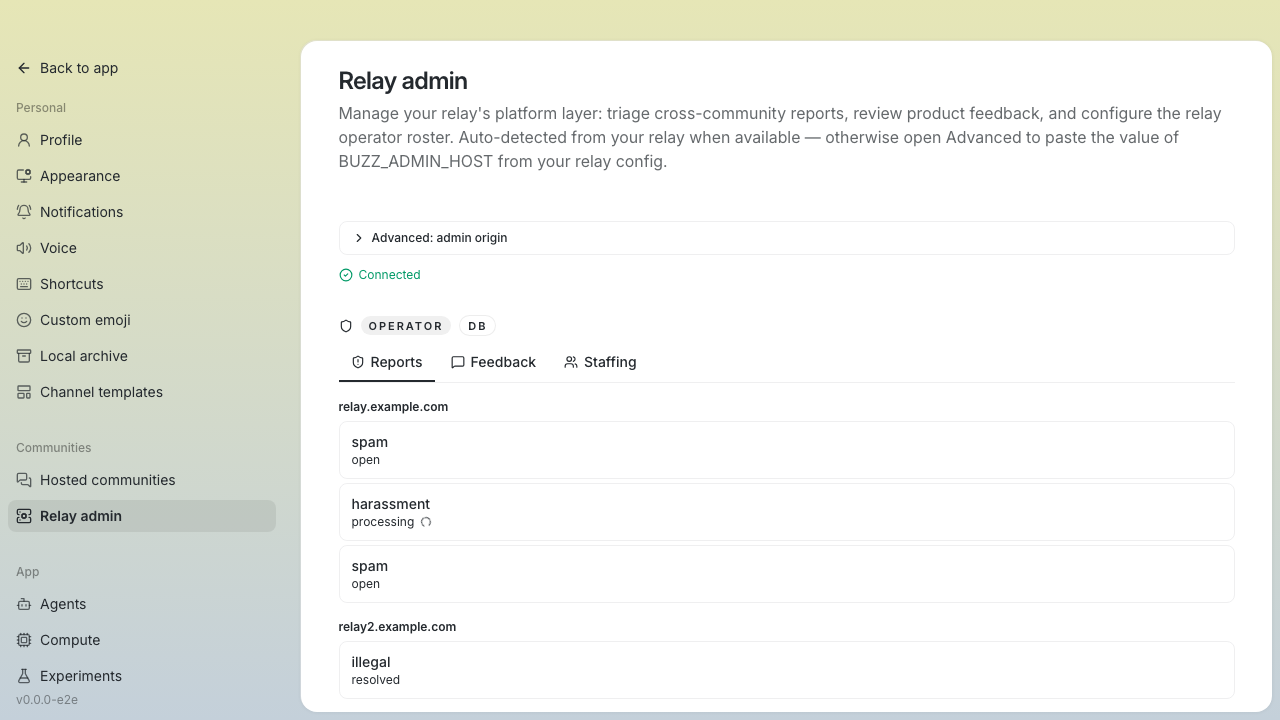 Reports tab showing community-grouped list with spam/open, harassment/processing, illegal/resolved rows