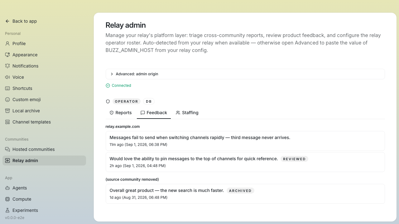 Feedback detail with new/reviewed/archived status tab control visible for mutation