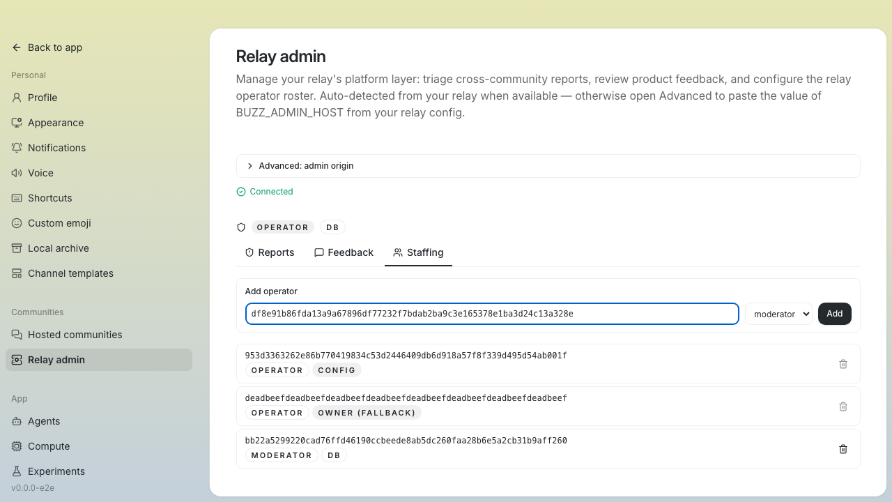 Staffing add form with a new 64-hex pubkey entered and moderator role selected