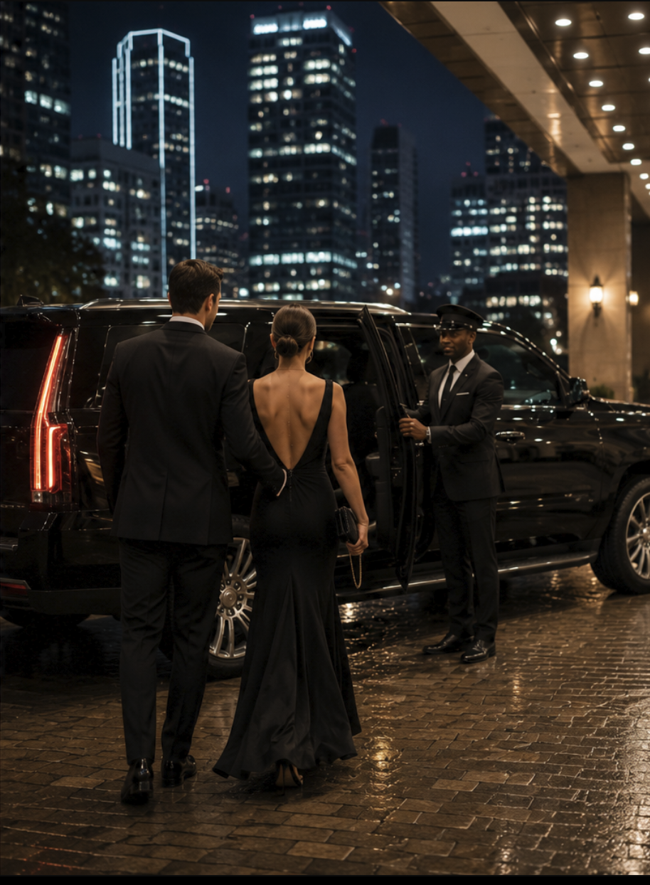 DFS Luxury Concierge Houston — black-tie couple with Escalade, night Houston skyline