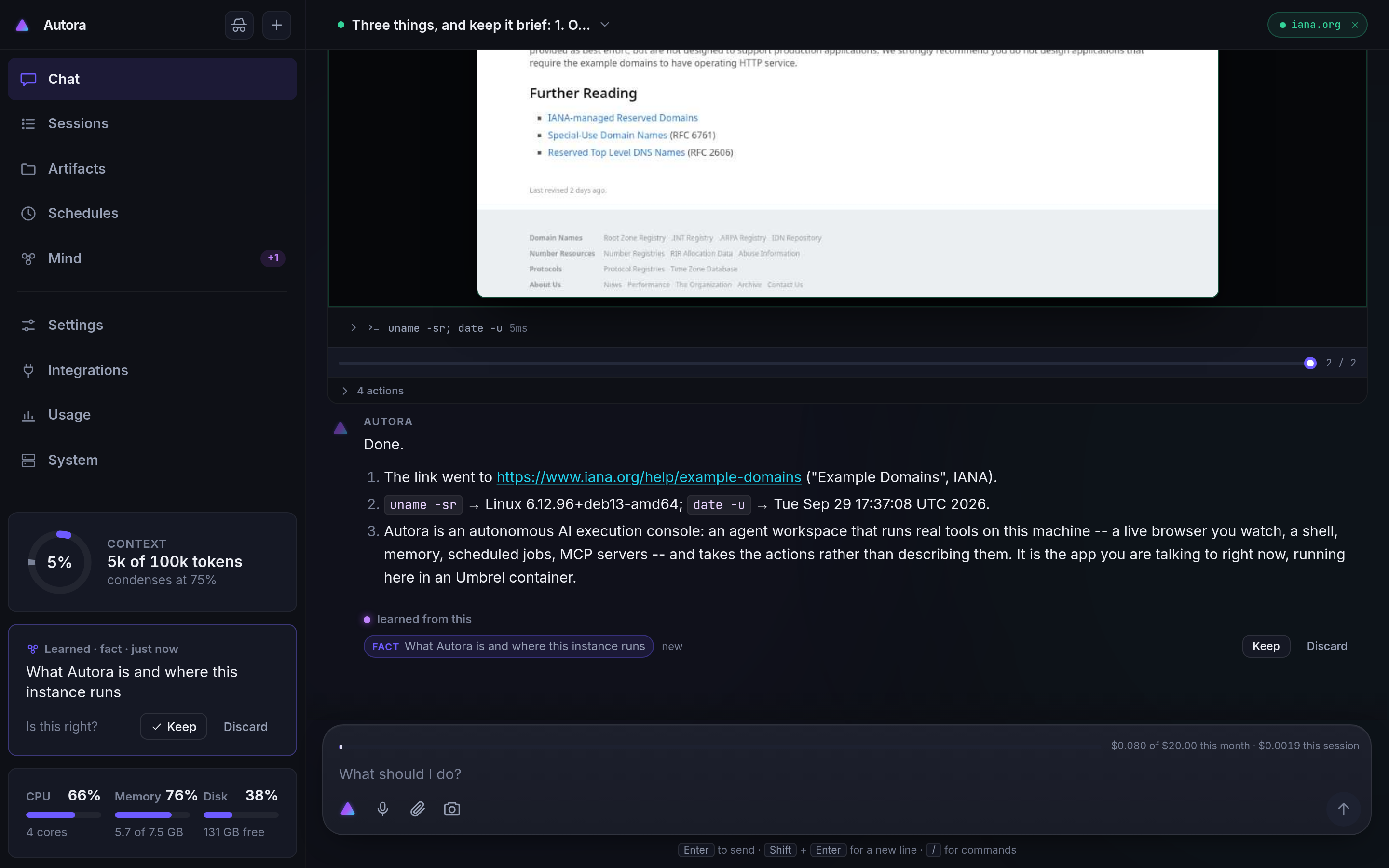 One Autora thread: the answer in the middle, the command it ran above it, and the page it has open beside it