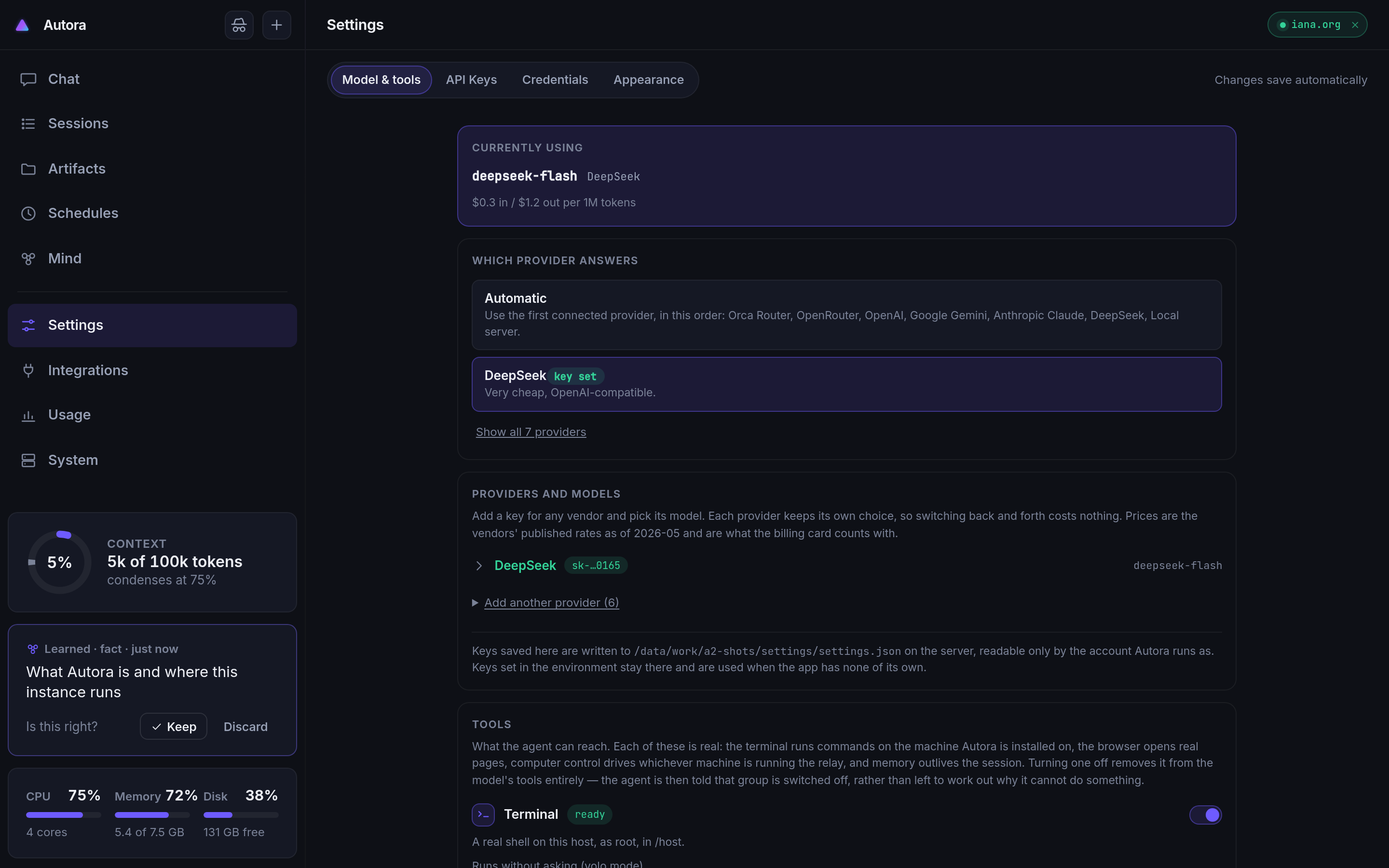 Providers and models, in Settings: the vendor list, with the key saved for each