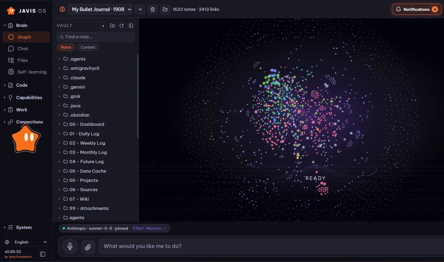 The Javis OS dashboard on a real brain of 1,633 notes and 2,413 links: the file tree on the left, the knowledge graph in the middle and the chat bar at the bottom