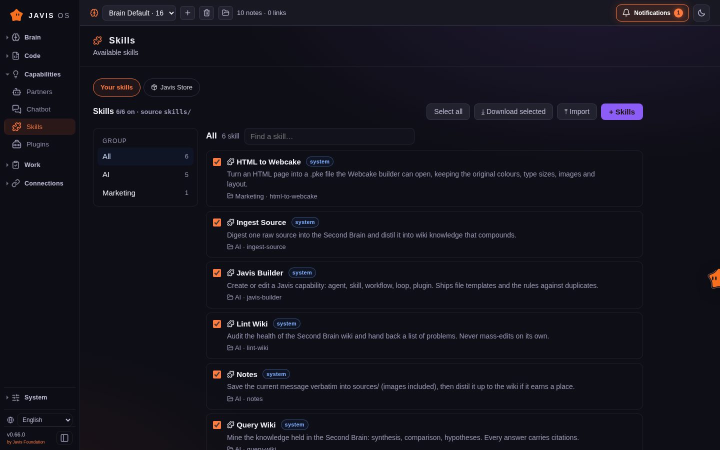 The Skills page: skills grouped by topic, each with a toggle, a description and its folder