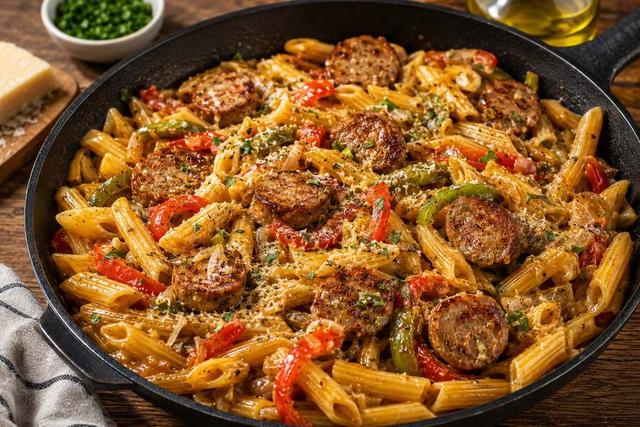 Creamy sausage and pepper skillet pasta with penne, browned sausage, red and green bell peppers, Parmesan, and parsley