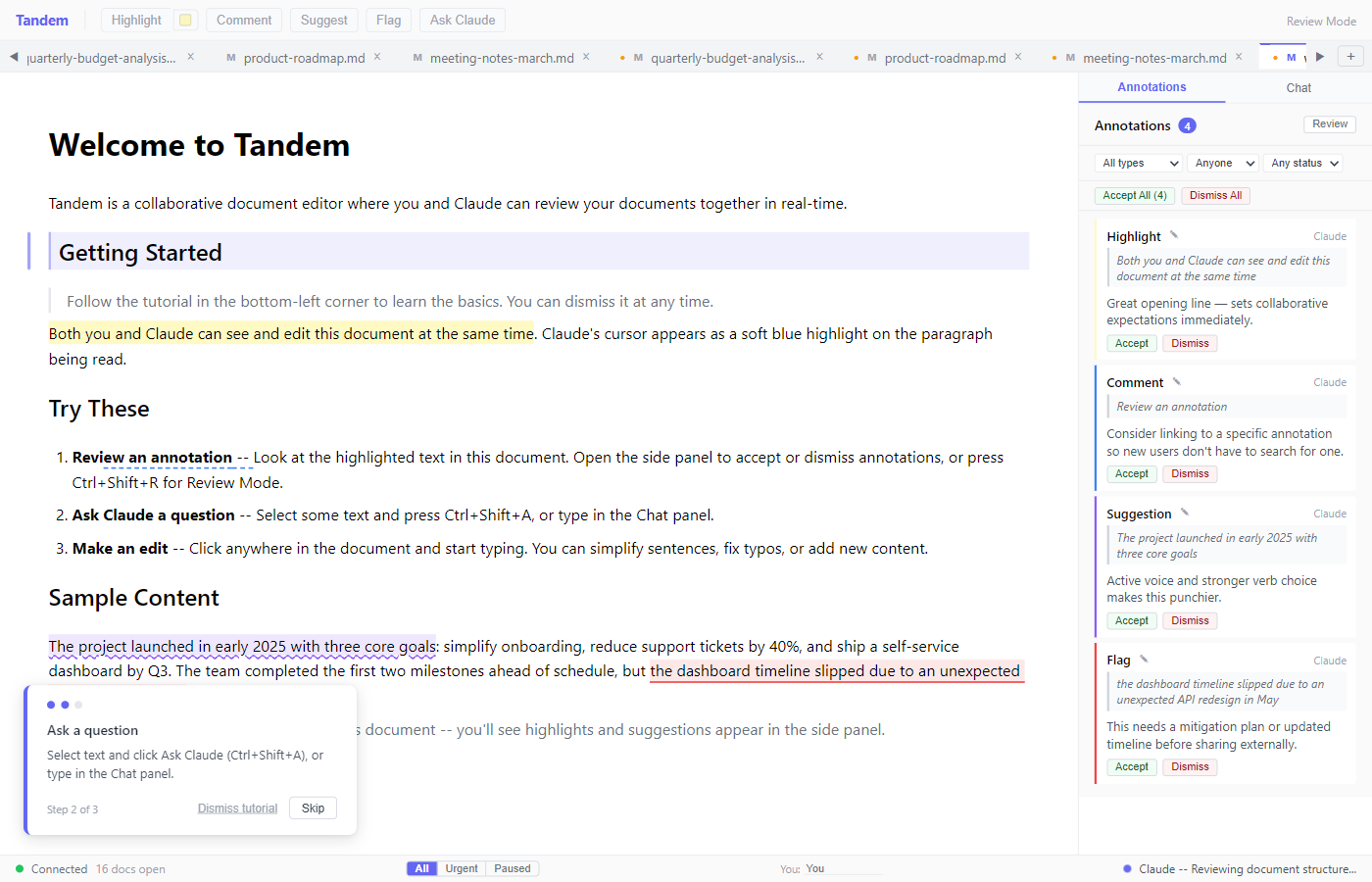 Tandem editor showing a document with annotations, side panel, and Claude's presence