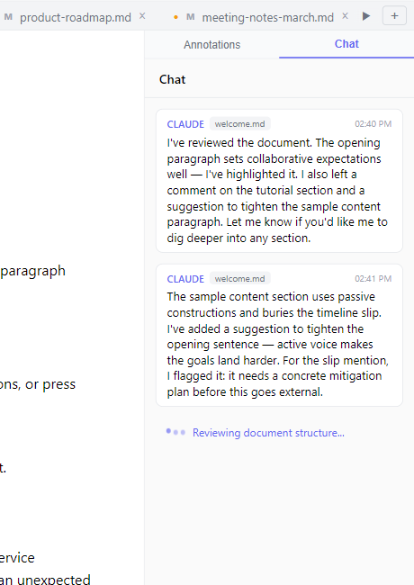 Chat sidebar showing messages, typing indicator, and panel toggle