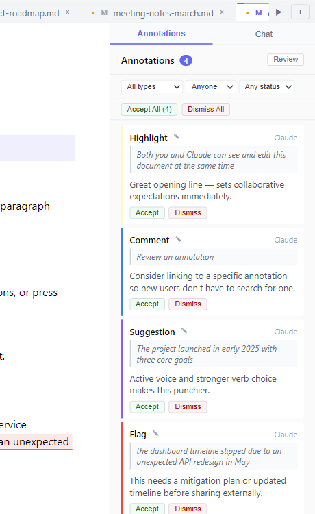Side panel showing annotation cards with filtering, bulk actions, and text previews