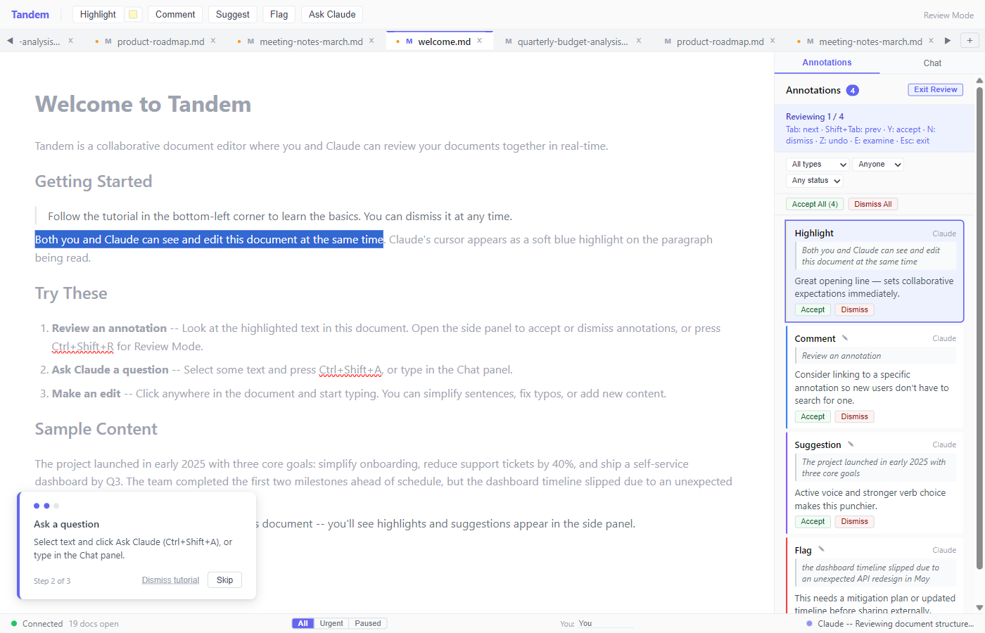Review mode with dimmed editor and active annotation highlighted