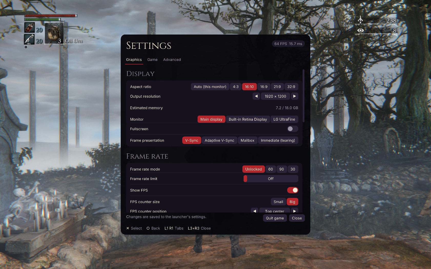 The in-game settings menu