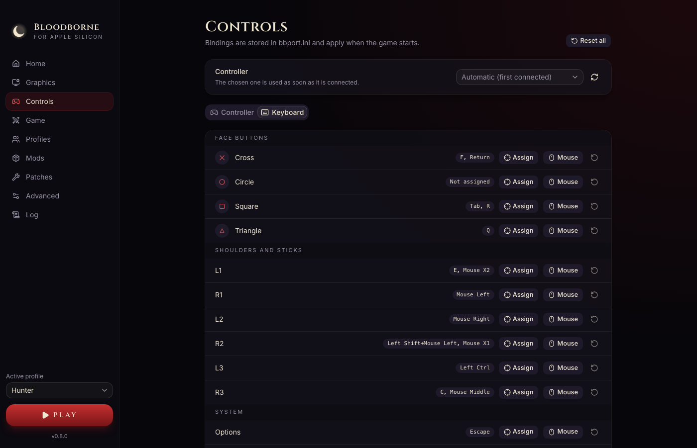 The launcher's controls tab