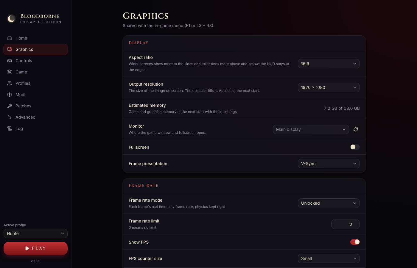 The launcher's graphics settings