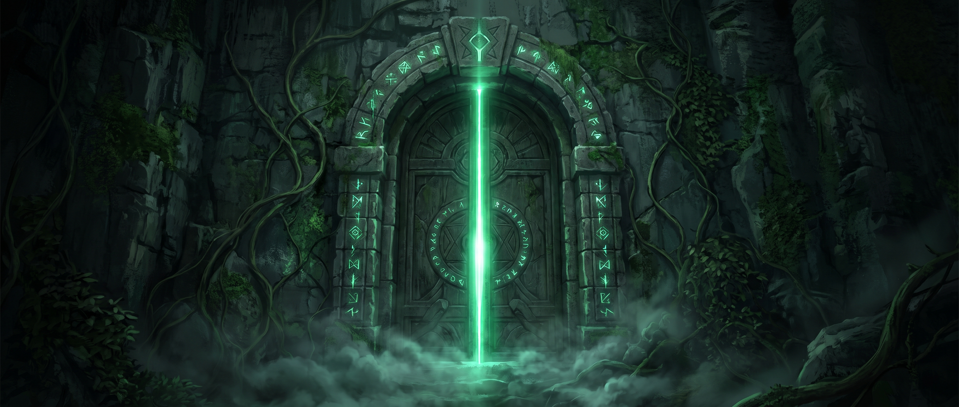Ancient stone portal glowing green in dark ruins