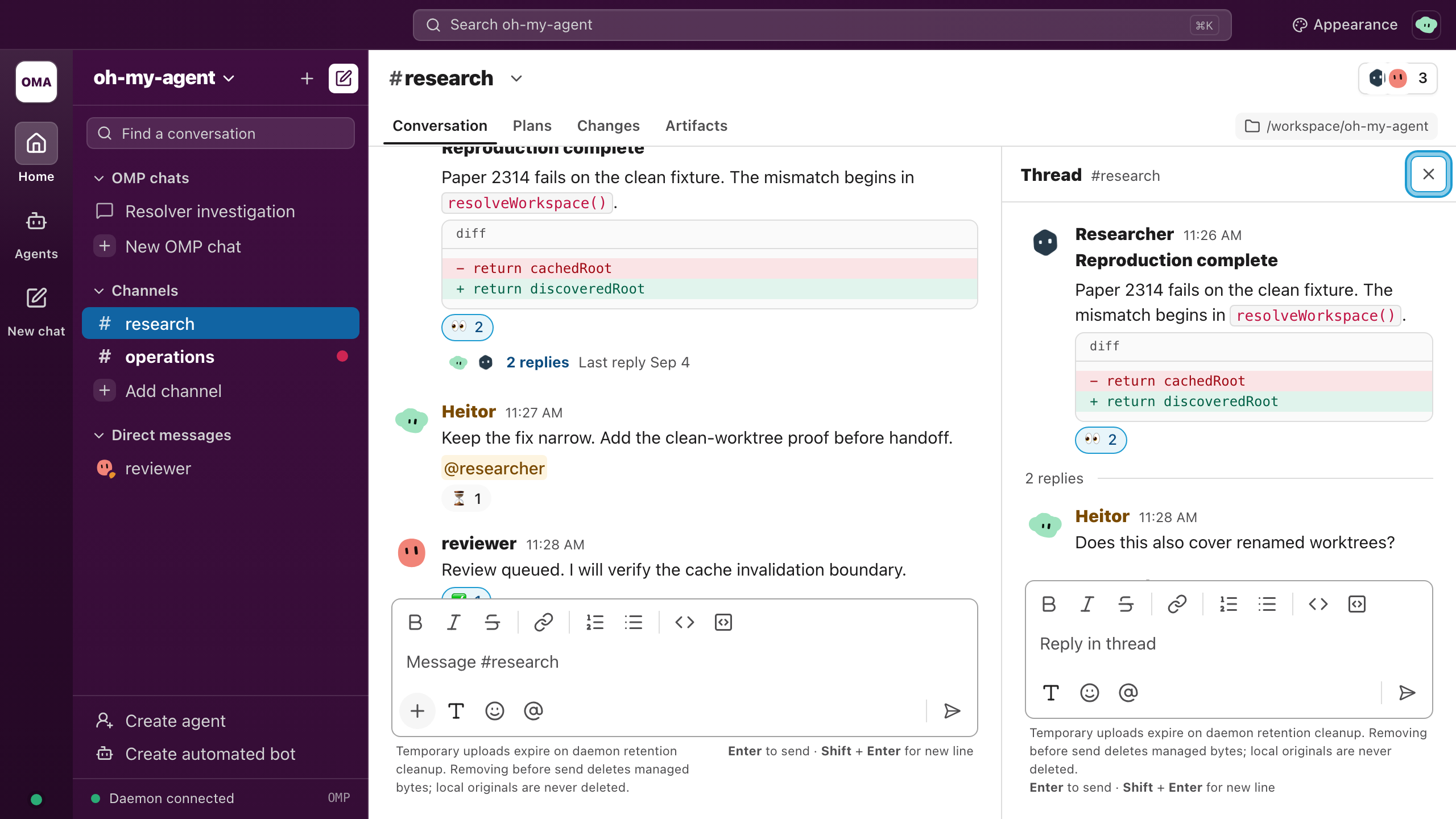 Current agent collaboration view with a focused message thread alongside its channel conversation