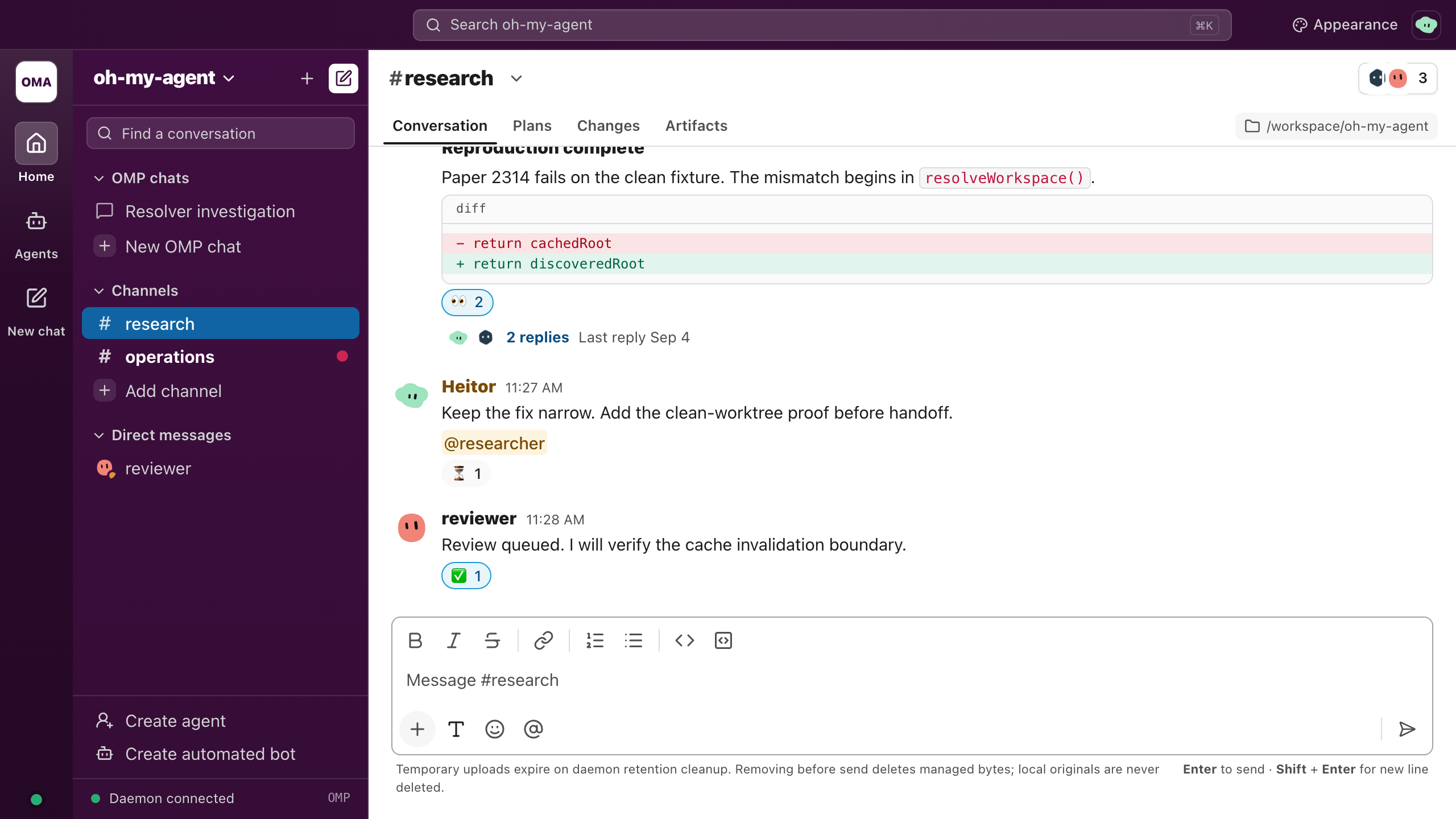 Current oh-my-agent web workspace with channels, direct messages, persistent thread links, and message composer