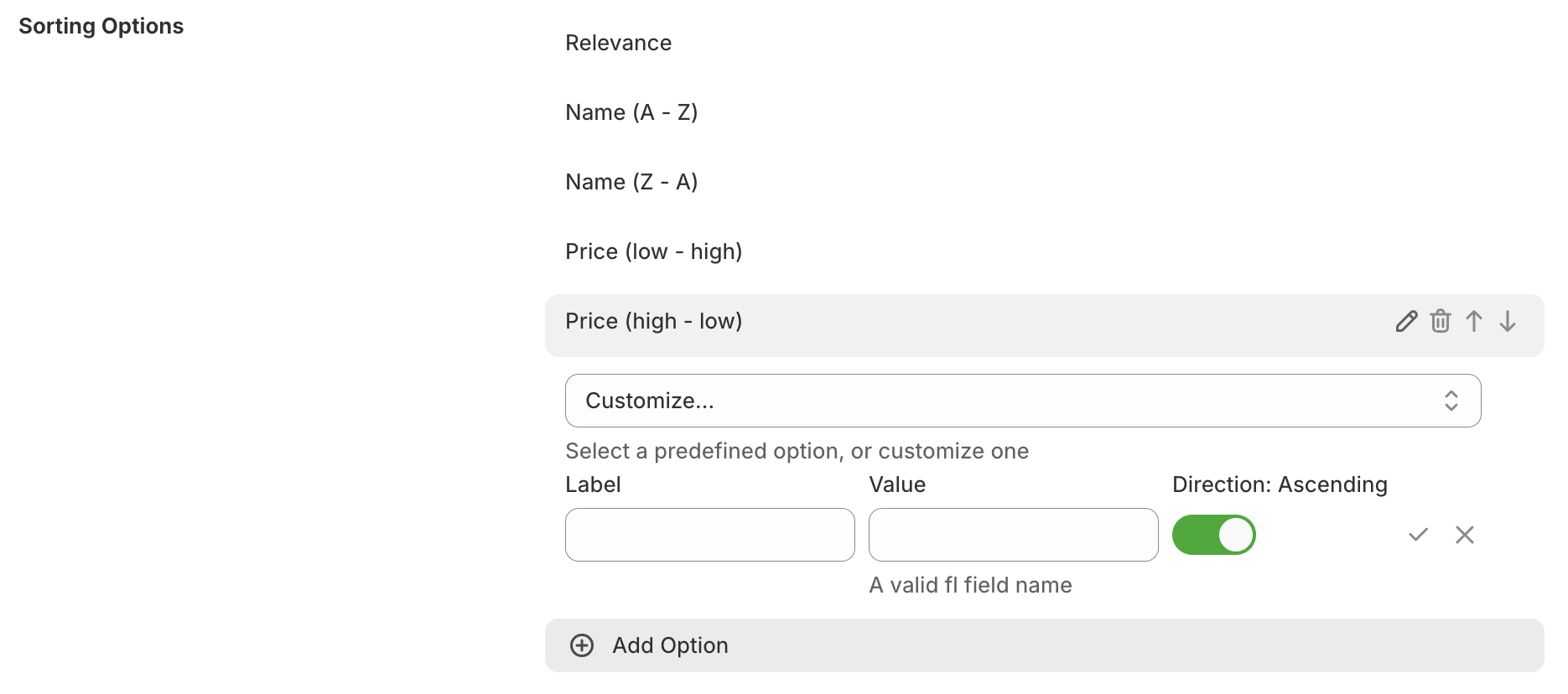 Edit sorting options