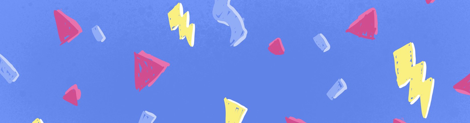 Cool hand-drawn 80s-style banner image with lightning bolts, confetti, and other shapes