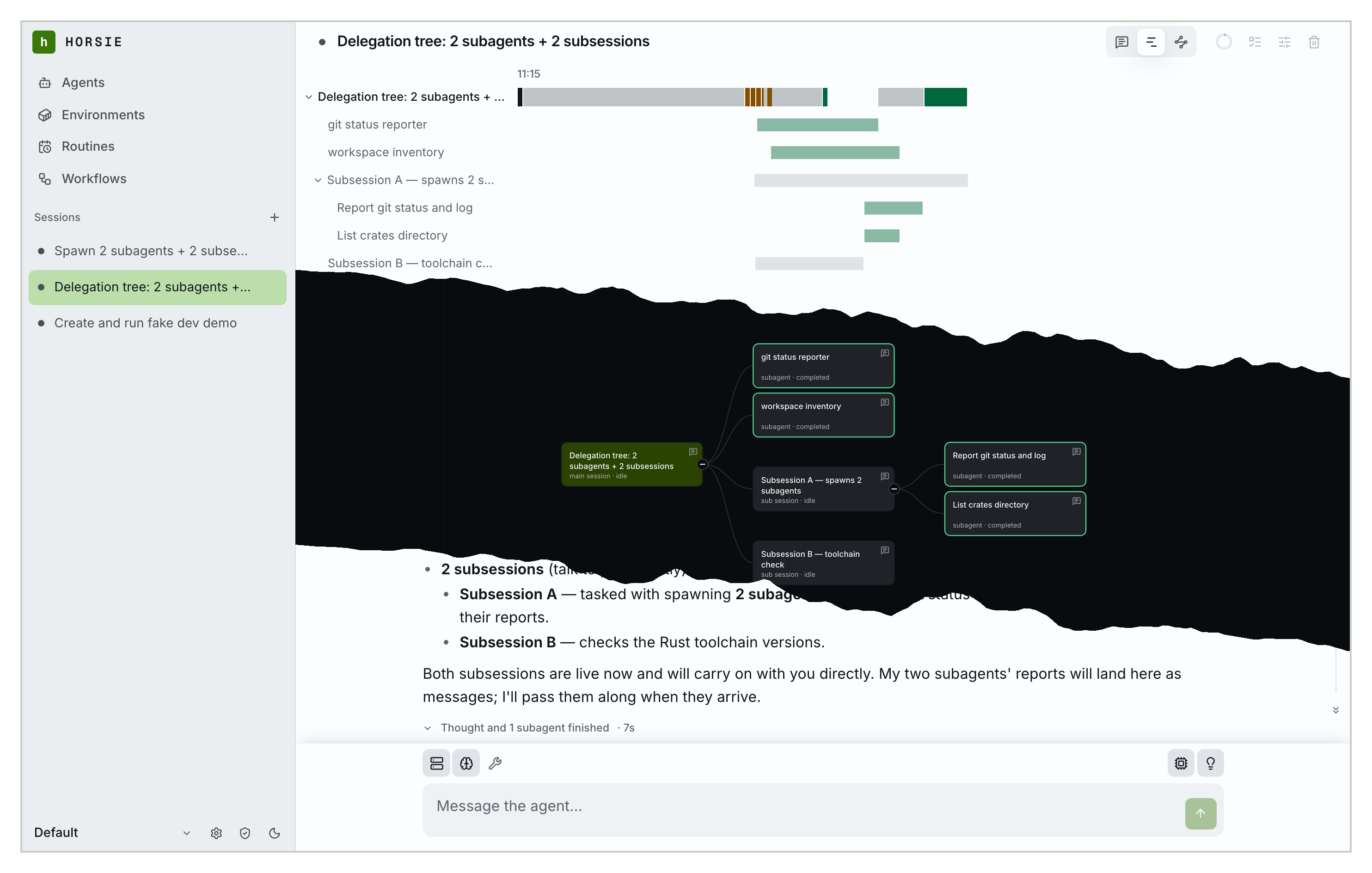 One session in horsie's three views, fused into a single frame: the timeline of every agent and turn, the agent graph of subagents and sub sessions, and the transcript
