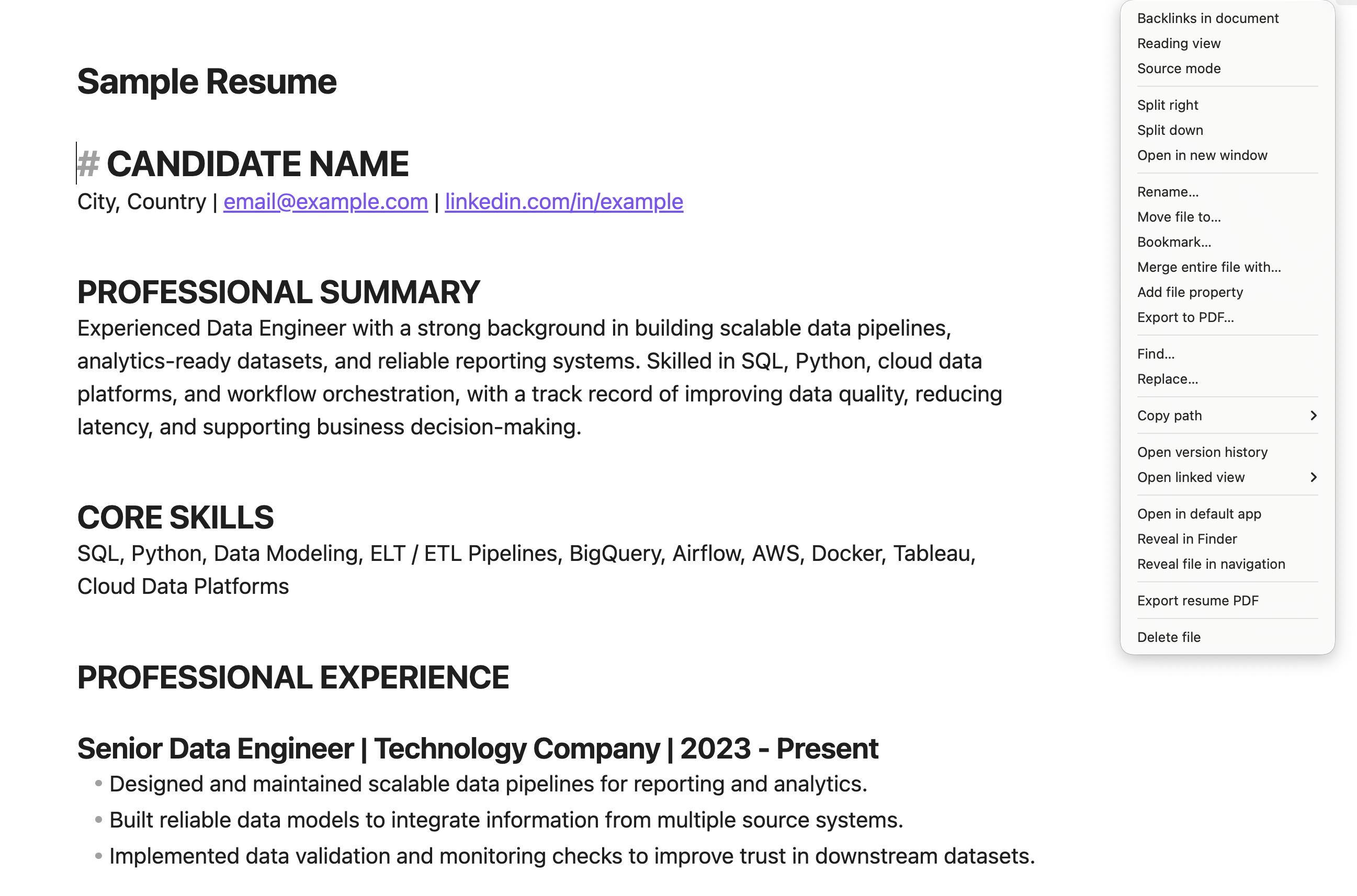 Export resume PDF from the Obsidian file menu