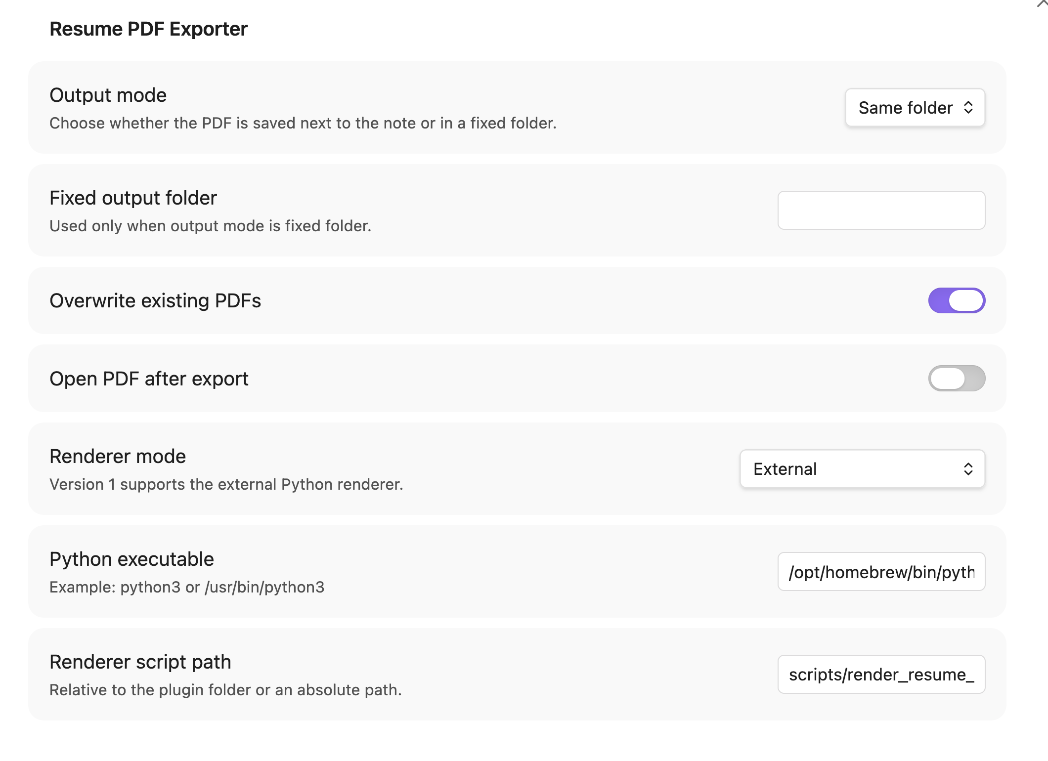 Resume PDF Exporter plugin settings