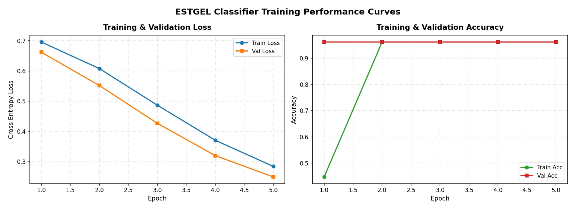 Week 4 ESTGEL classifier training/validation loss and accuracy curves