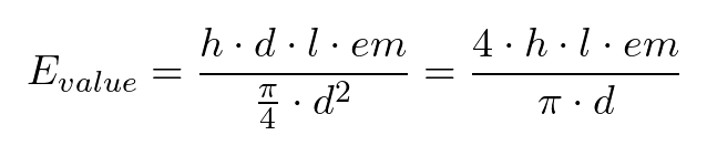 E_{value} = \frac{h\cdot d\cdot l\cdot em}{\frac{\pi}{4}\cdot d^2}=\frac{4\cdot h\cdot l\cdot em}{\pi\cdot d}