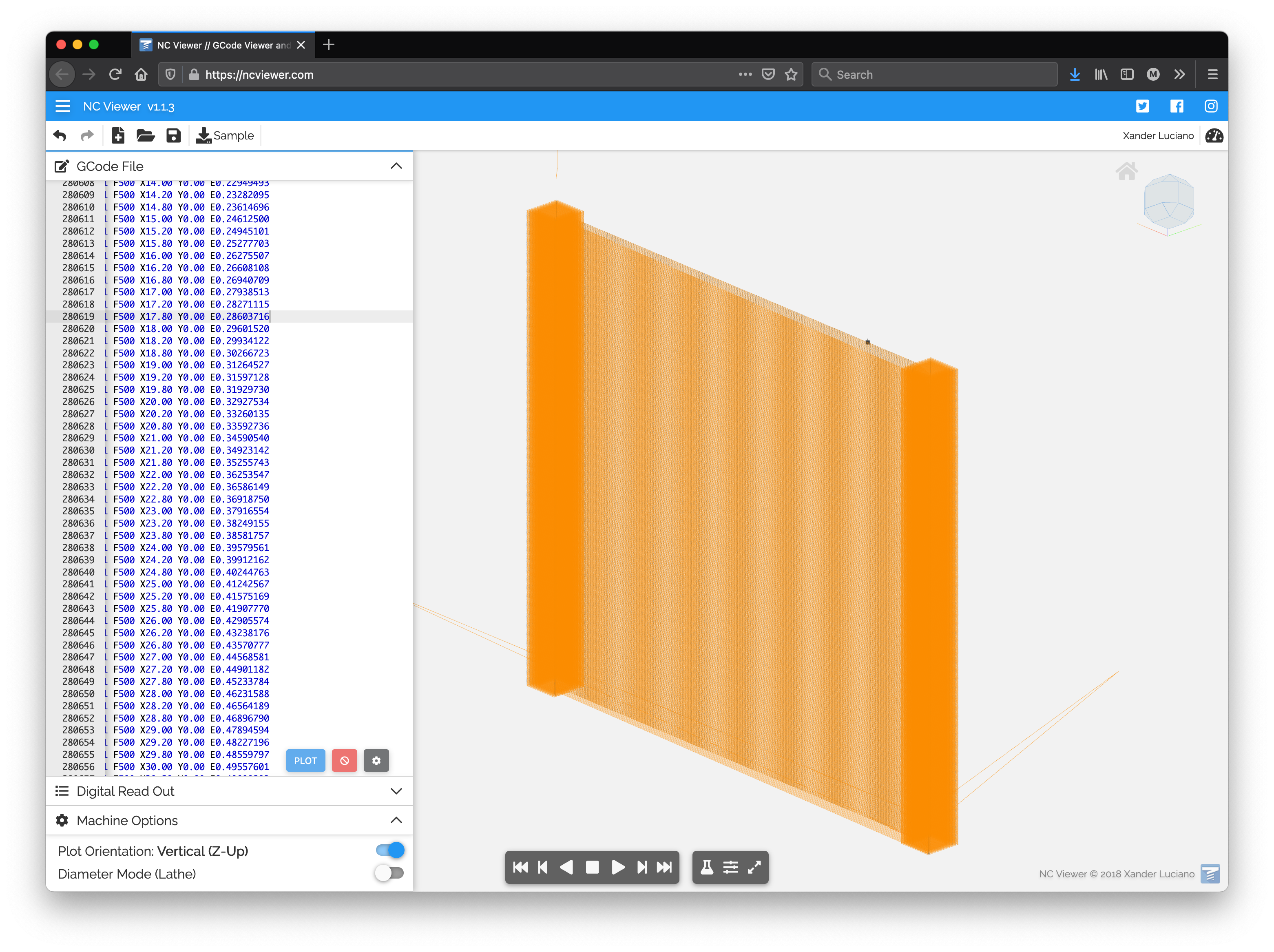 A screen grab of NC Viewer, a website for visualizing tool paths encoded in Gcode.