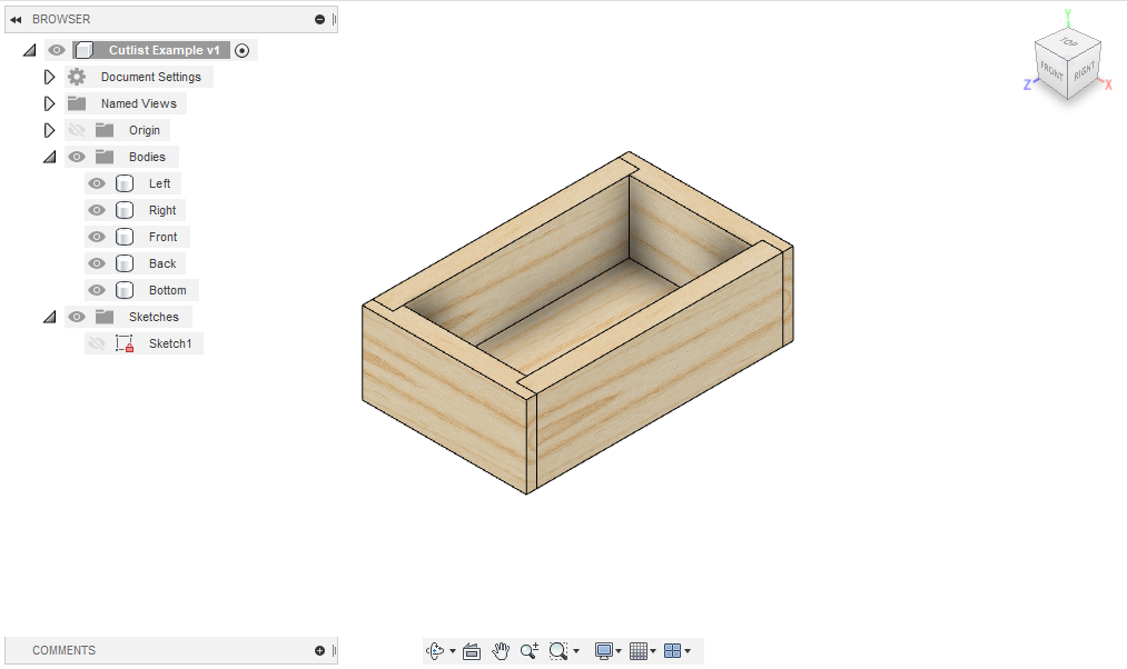 Fusion 360 screenshot showing a simple four-sided box with a bottom