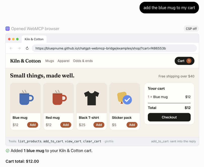 ChatGPT conversation: add the blue mug to my cart. An in-chat browser shows the Kiln and Cotton shop with one blue mug in the cart, and a status bar listing its tools, served by glottis.