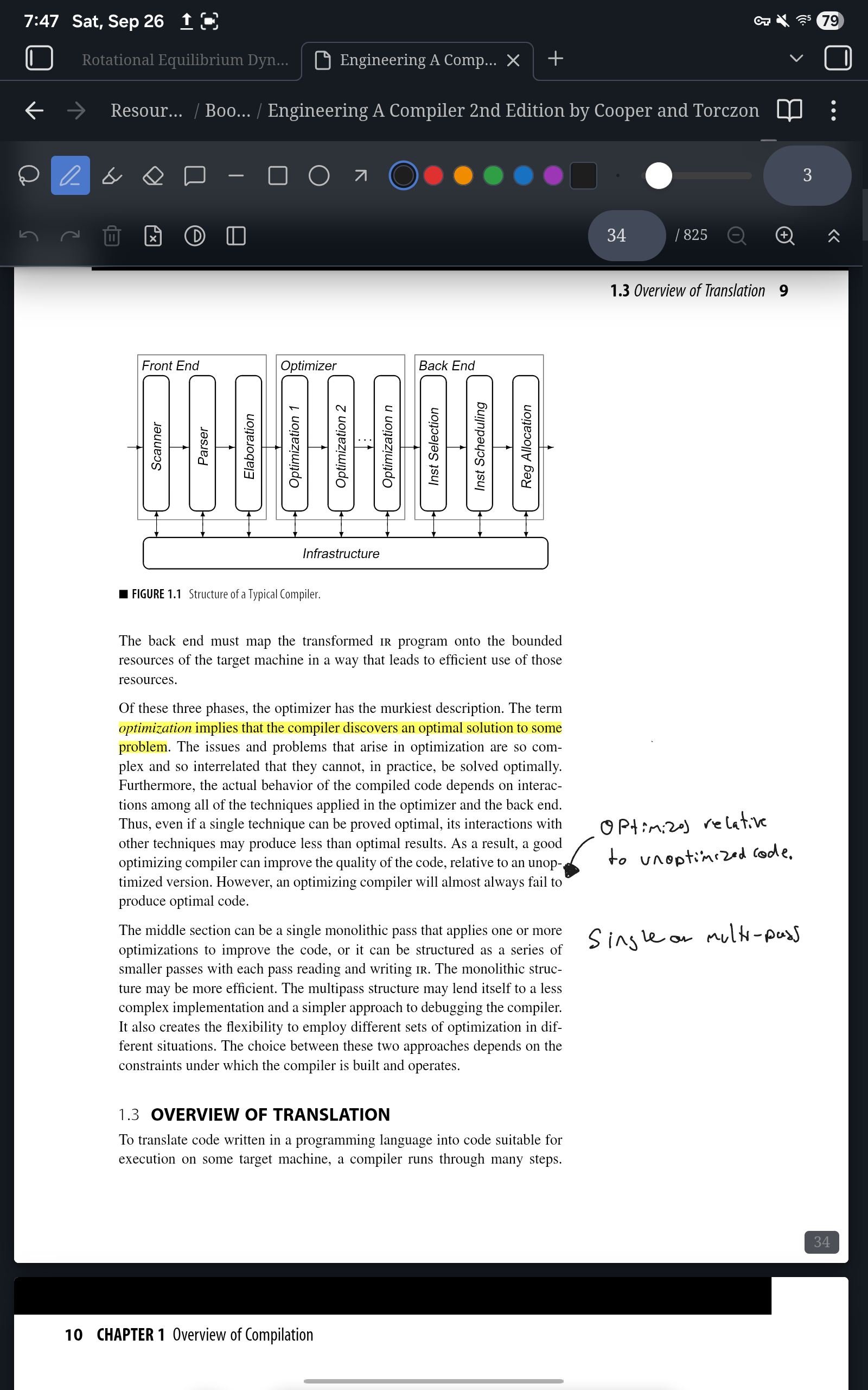 A textbook page in Inkling's annotate view on a tablet: the toolbar across the top, a highlighted sentence, and handwritten notes in the margin