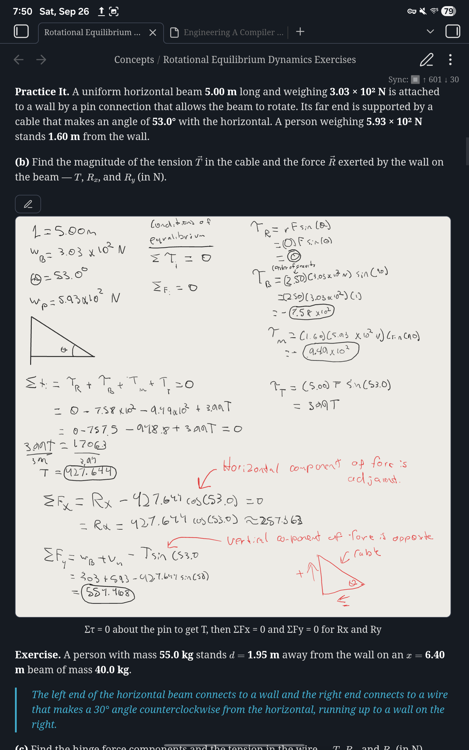 A physics exercise note with an ink block holding a handwritten worked solution between the problem text and the next exercise