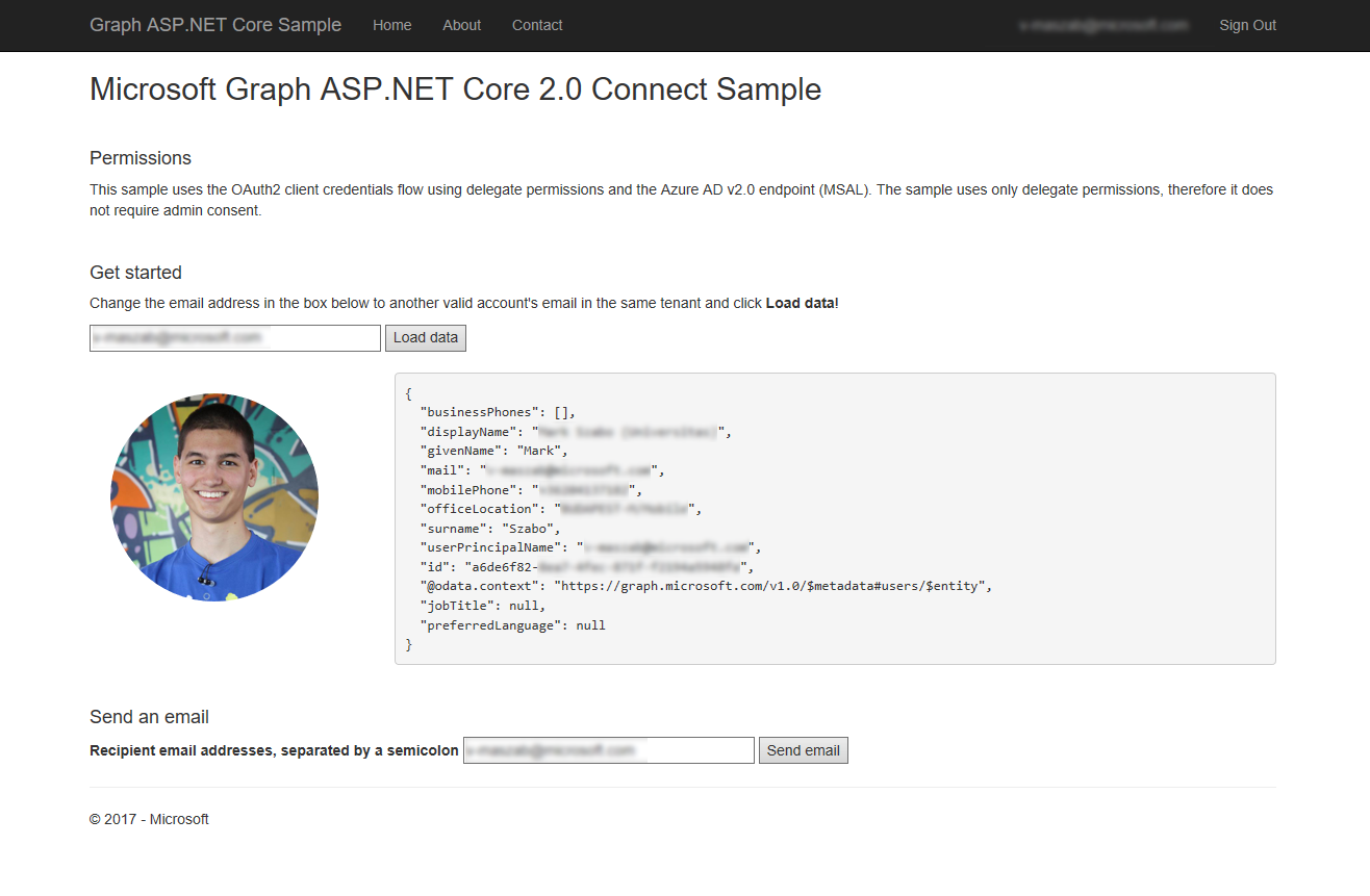 Microsoft Graph Connect Sample for ASP.NET Core 2.0 screenshot