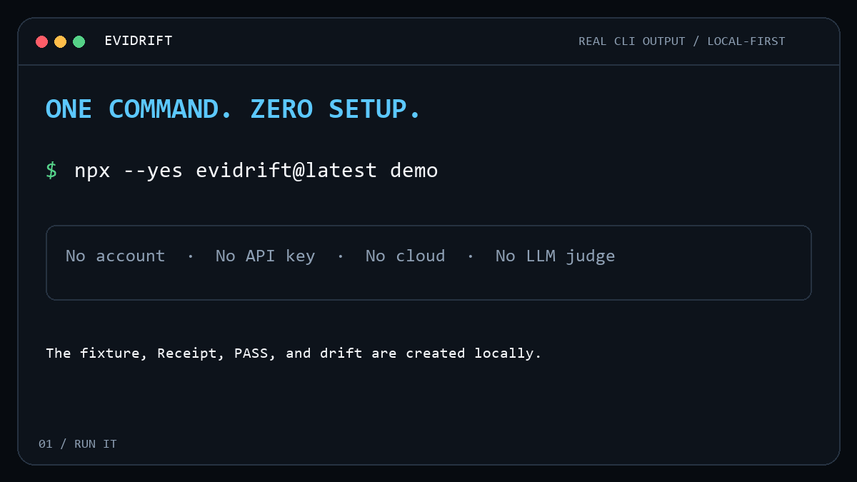 實際 Evidrift CLI demo:dependency contract 先通過,TypeScript signature 改變後在 merge 前被攔下