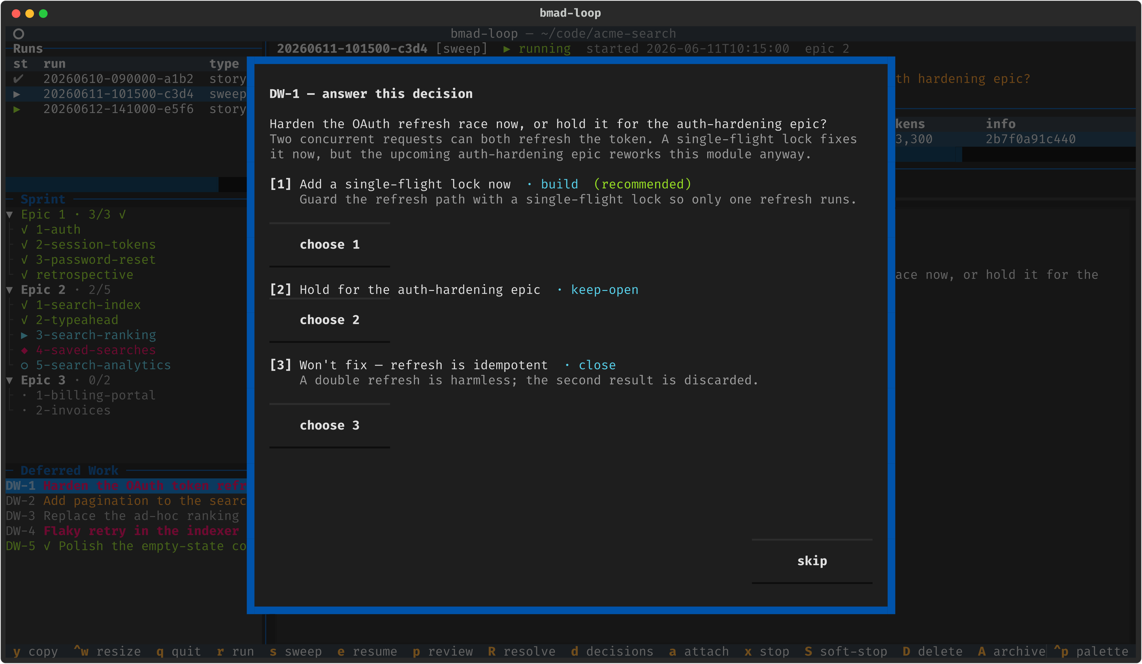 A modal answering deferred-work decision DW-1, with the question, context, and build/keep-open/close options (recommended marked).