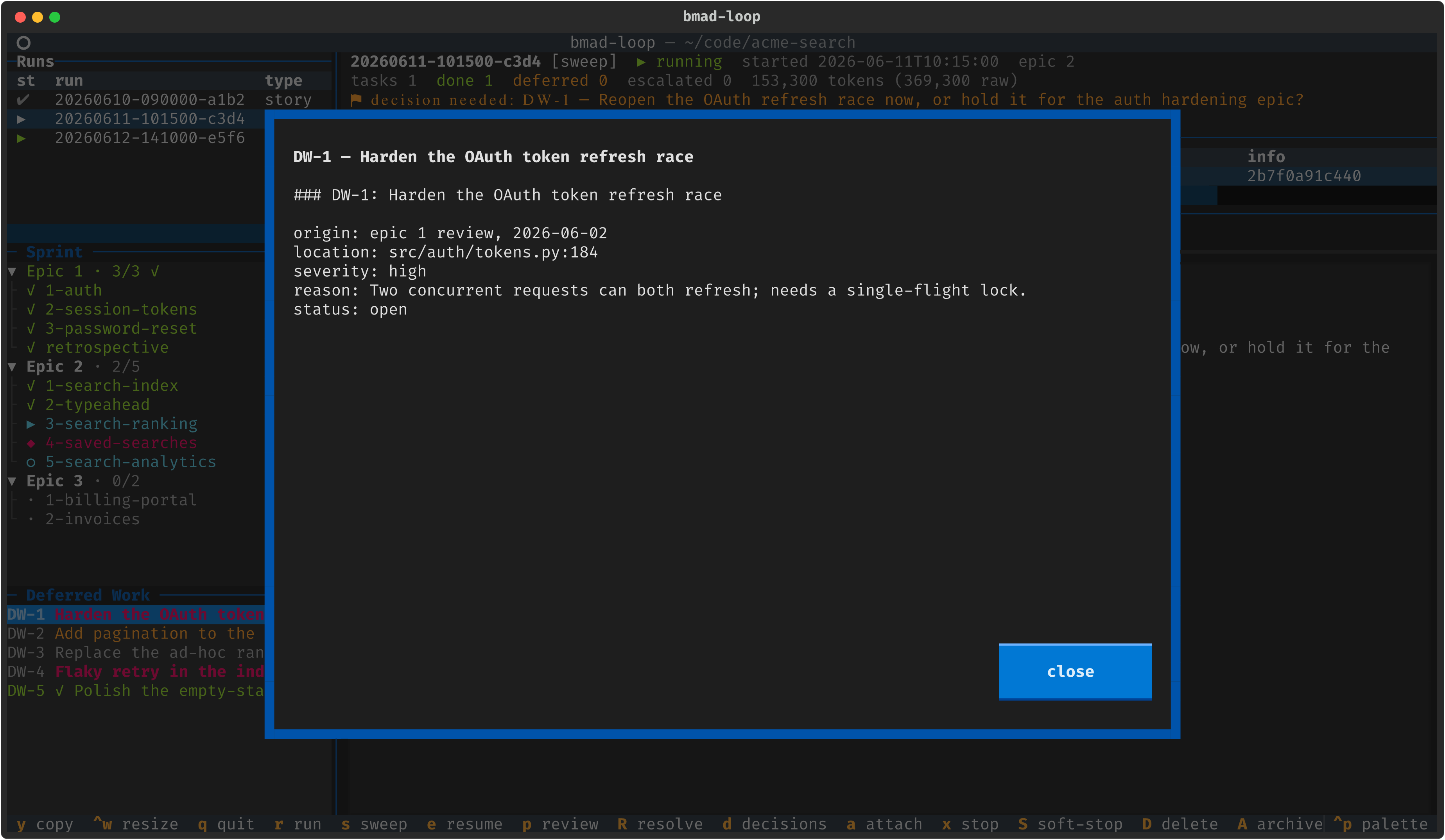 A modal showing the full body of deferred-work entry DW-1.