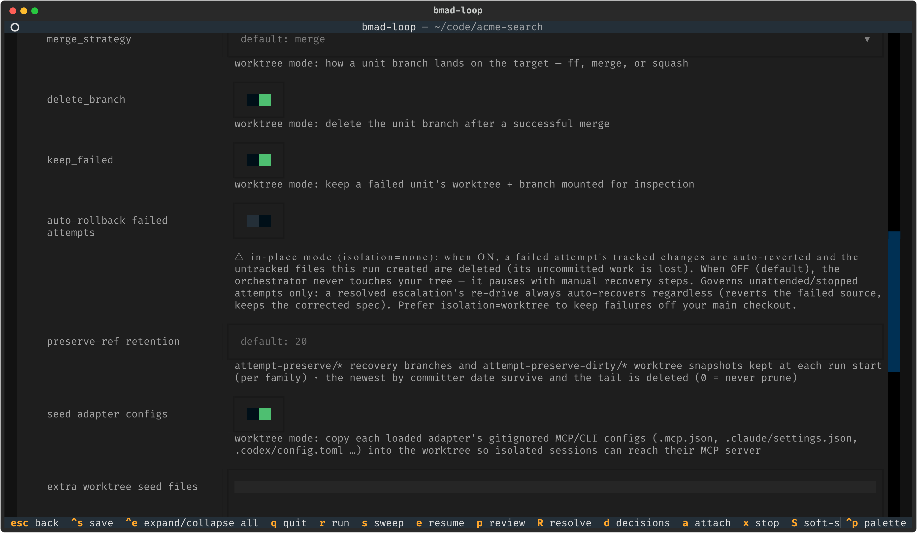 The settings editor with the [scm] section expanded: isolation, branch_per, merge_strategy, the seed-adapter-configs switch, and the extra-worktree-seed-files field.