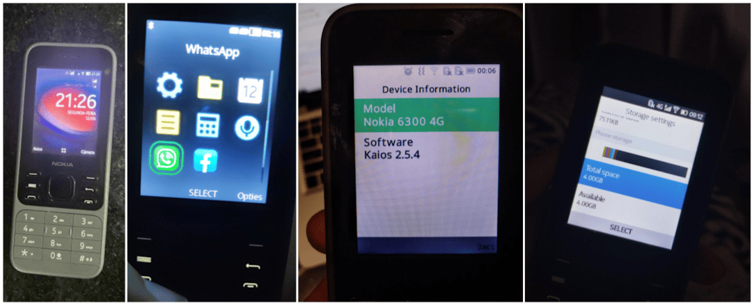 Photo collage of multiple counterfeit 6300 4G, consists of four images showing inconsistent user interface, fake WhatsApp, KaiOS in lowercase and 4GB out of 4GB of space being fully available