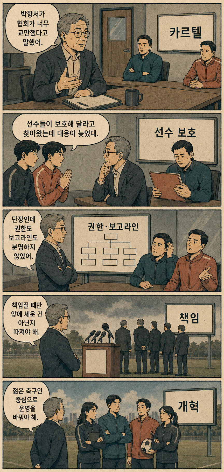 박항서의 축구협회 비판을 선수 보호와 권한&middot;보고라인&middot;책임&middot;개혁 관점에서 설명하는 5컷 만화