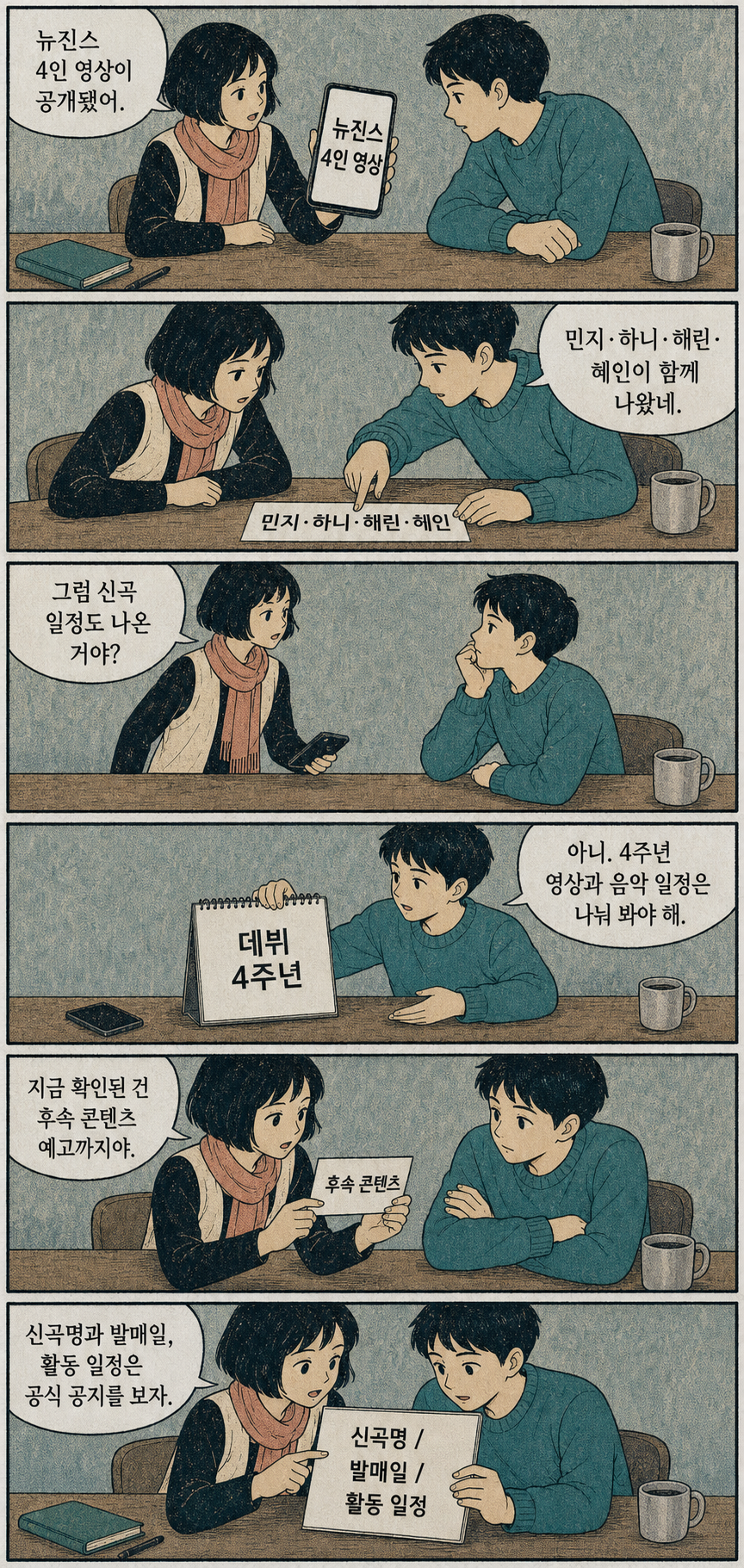 뉴진스 4인 영상 공개와 신곡 일정 확인 범위를 설명하는 6패널 만화