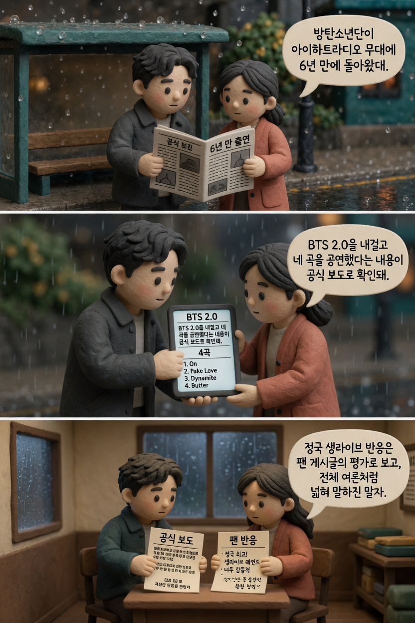 방탄소년단의 6년 만 아이하트라디오 페스티벌 출연과 정국 생라이브 반응을 설명하는 만화